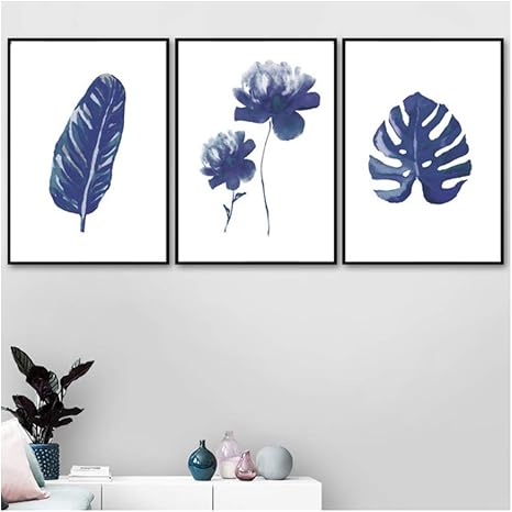 Zhangpengbofbh Leinwand Malerei Wandkunst Blau Lila Aquarell Tropische Grosse Blatter Blumenbilder Nordische Pflanze Plakate Fur Wohnzimmer Amazon De Kuche Haushalt