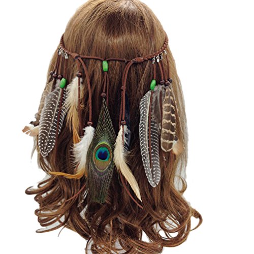 Eliffete Women's Peacock Feather Headbands Party Boho Tassels Hair Band Headwear