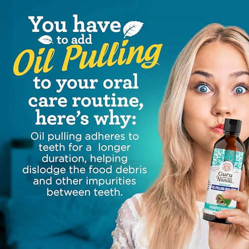 GuruNanda CocoMint Oil Pulling Mouthwash for Complete Oral Hygiene, 7 Essential Oils & Vitamins for Happy Teeth & Gums & Fresh Breath with Toothbrush & Tongue Scraper, Alcohol & Peroxide Free, 8 oz