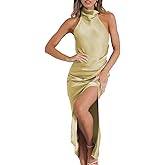 Satin Halter Backless Silt Midi Dress for Women 2024 Elegant Formal High Neck Cowl Back Silk Wedding Guest Sexy Dresses