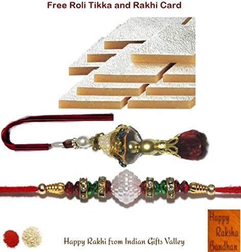 Indian Rakhi - Elegant Bhai Bhabhi Rakhi with Kaju Katli - Free Roli Tikka and Rakhi Card