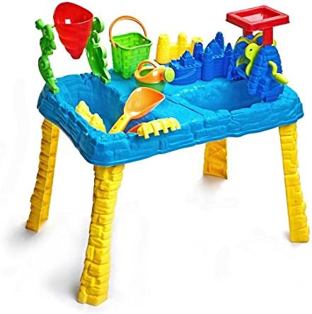 Sandbox 2-in-1 Sand and Water Wheel Table with 9 Beach Sand Toys Set by Bo Toys