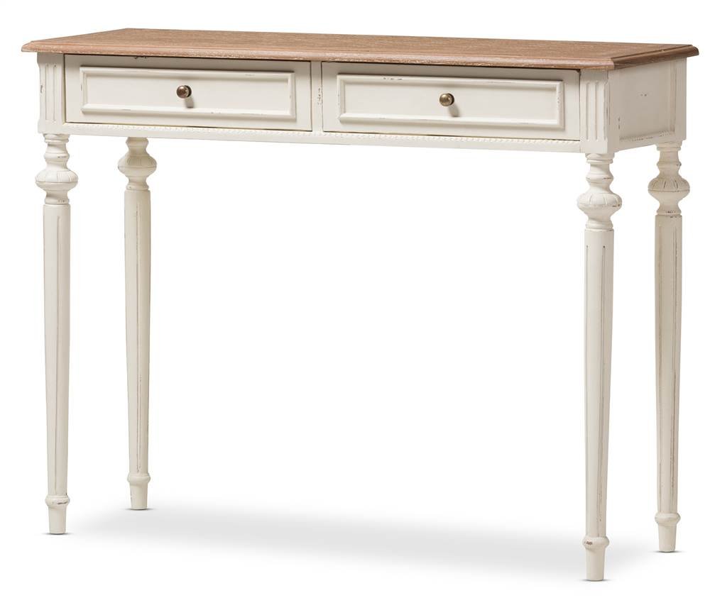 Distressed white farmhouse style console table with two drawers