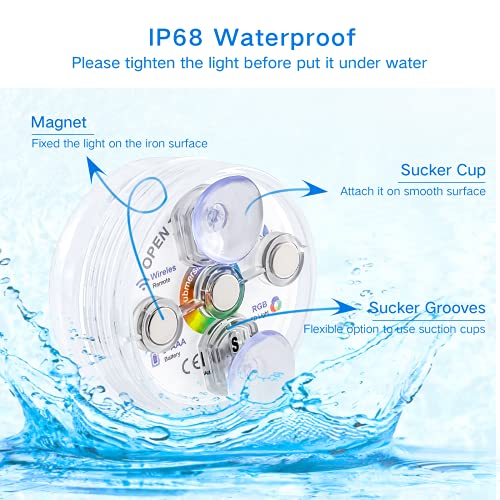 JWTPRO Pond Lights Underwater Bluetooth APP Control, RGB Pool Lights IP68 Waterproof Battery Powered (Not Included), 13 LED Lights with Suckers for Hot Tub, Lazy Spa Lights 8 Flashing Modes 1 Pack