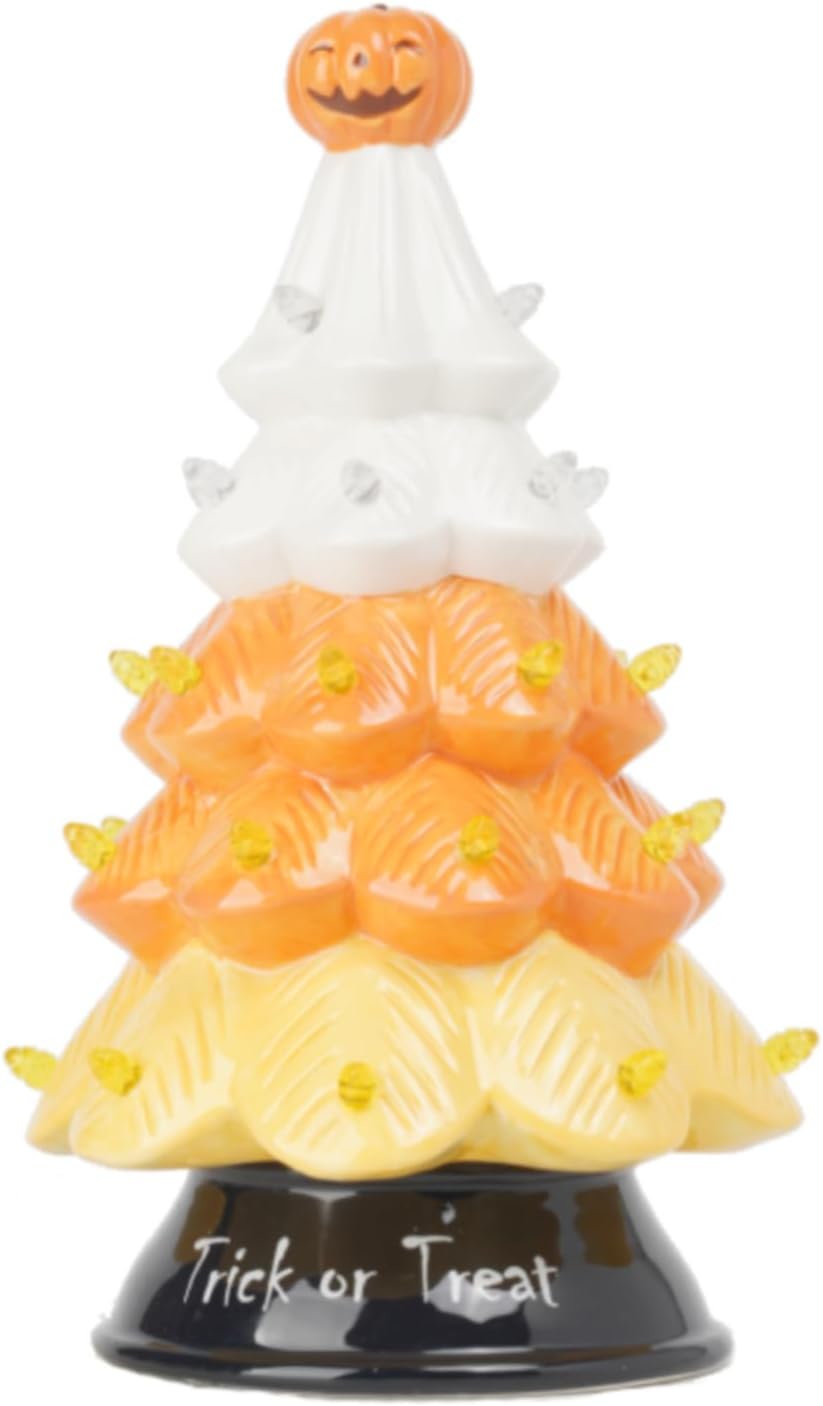 Tree Toppers - Halloween Tree Decorations Ceramic Christmas-Tree - Halloween Orange Pumpkin Head Trick Or Treat - Over 33 Multicolor Bulbs LED Light Up by Battery 9.5H inch Home Decor Tree Topper Newman House Studio