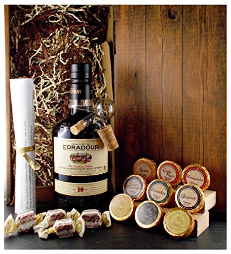Geschenk Edradour 10 Jahre Single Malt Whisky + Glaskugelportionierer + Edelschokolade + Fudge