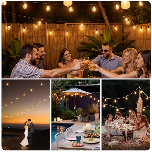 LangPlus+ 30M Solar Festoon Lights Outdoor Waterproof, 37+2 Shatterproof ST38 Edison Bulbs with 3 Lighting Modes, Outside Solar Powered String Lights for Backyard, Patio, Porch, Garden