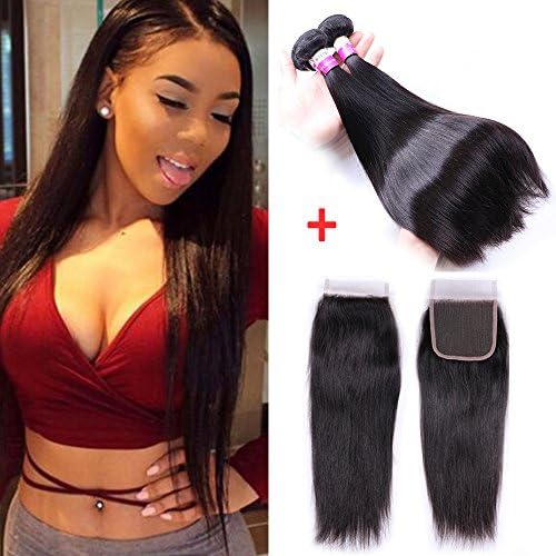 IUEENLY Brazilian Straight Hair 3 Bundles With Closure 7A Unprocessed Virgin Brazilian Hair With Closure Human Hair Lace Closure Free Part Natural Color (14 16 18+12)