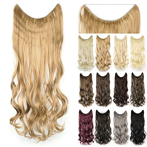 IMISSU 22'' 26'' Long Body Wavy Hair Extensions Fish Line Hairpiece Synthetic Invisible Secret Wire Headwear Flip Curly Hair Extension Pieces (26 Inch,Copper)