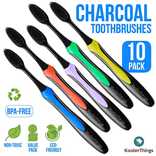 10 Pack- Charcoal Toothbrushes Extra Soft, Slim Brush Head, Cleans Plaque, Bacteria & Teeth Whitener,