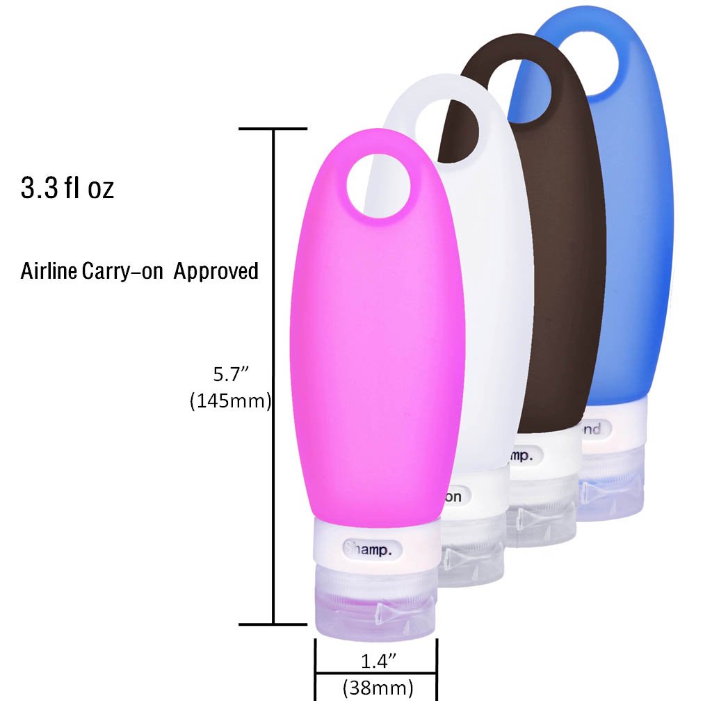 SANTREST Leak Proof Travel Bottles - Refillable Travel Containers with Shower Lanyard,3.3oz TSA Approved Squeezable Silicone Travel Tube Set for Gym Shampoo Lotion Soap(4 Pack Multi): Beauty