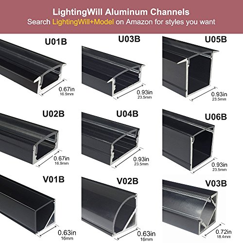 LightingWill Clear LED Aluminum Channel U Shape 3.3Ft/1M 5 Pack Anodized Black Extrusion for <12mm 5050 3528 LED Flex/Hard Strip Lights with Covers, End Caps, and Mounting Clips TP-U02B5 - Thumbnail 7