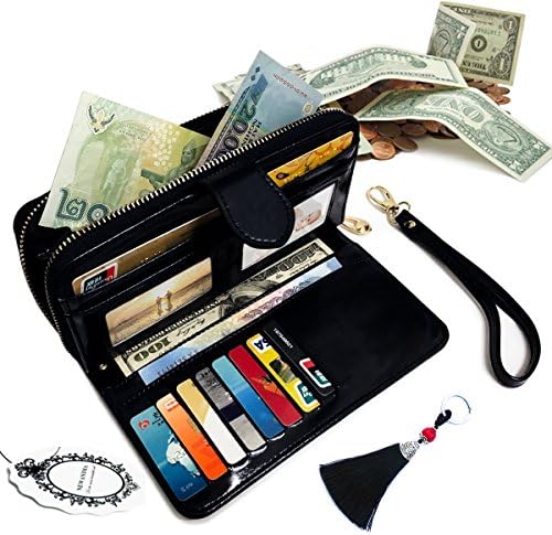 NEWANIMA- Wallet Women Multi-card Two Fold Long Zipper Clutch Purse With Keychain (Black)