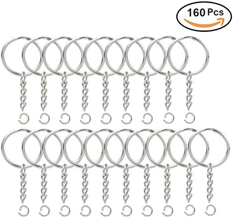 160PCS Split Key Ring with Chain , DIY Crafts Nickel Plated Split Key Ring with Chain , Silver Color Metal Split Keychain Ring With 1inch /25mm Open Jump Ring and Connector for Home Car Keys