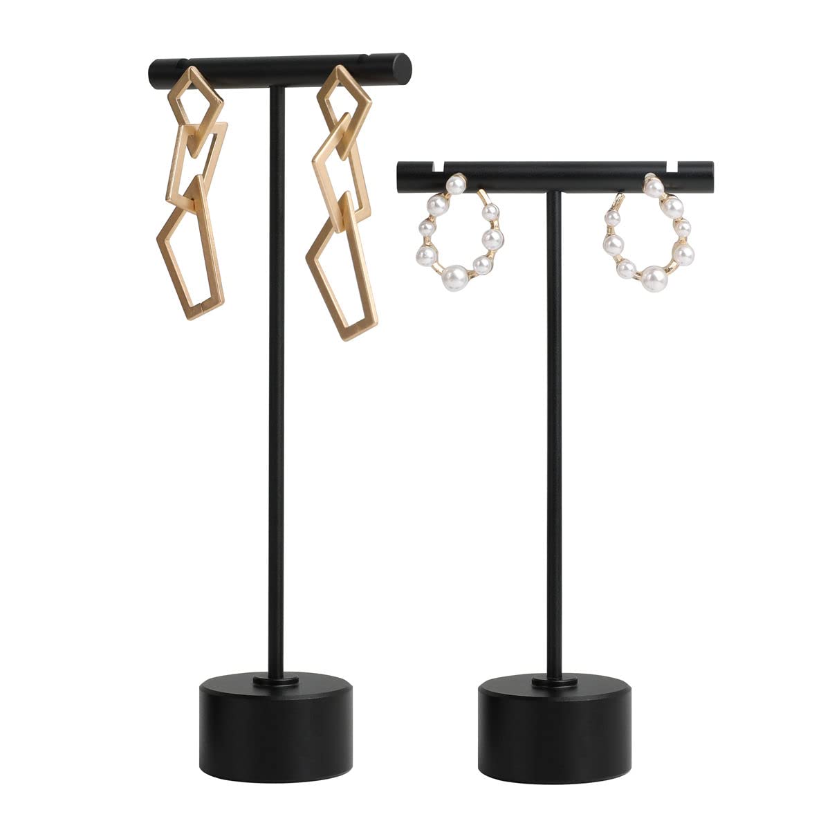 GemeShou 2pcs Black Earring T bar display stand, Metal Earring Display Holder for retail selling, small Jewelry photography props for Show【Black-Round Base 2pcs】