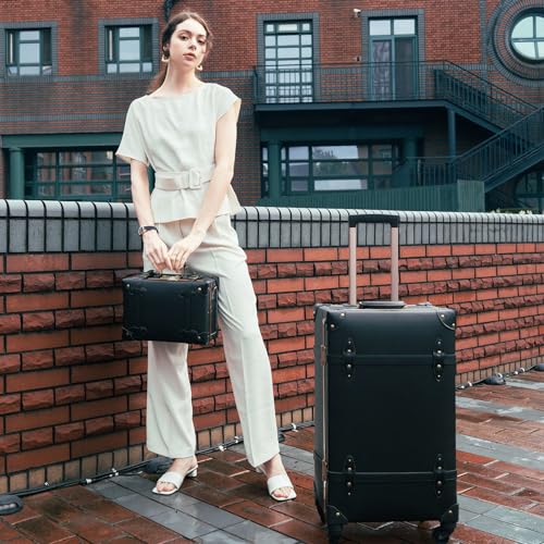 urecity Vintage Travel Suitcase Set with Digital Lock Luxury Cute Retro Cabin Luggage Sets 4 Wheels Suitcase (Black, S(12")+L(26"))