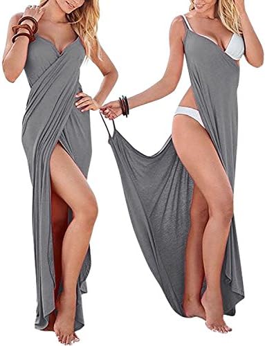 YiYaYo Women's Spaghetti Strap Backless Beach Dress Bikini Cover up Wrap Long Grey M
