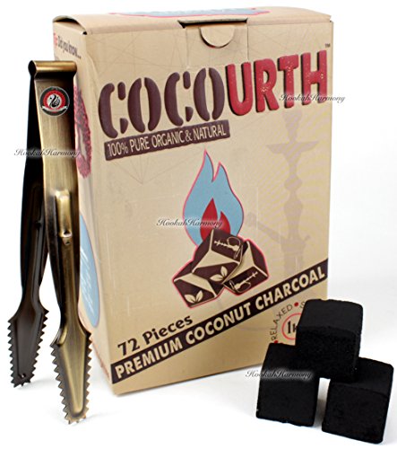Cocourth Natural Organic Coconut Hookah Charcoal 72 Extra Large Cubes Pieces Flat 1kg Box of Shisha Coal With Starbuzz Coal Tongs