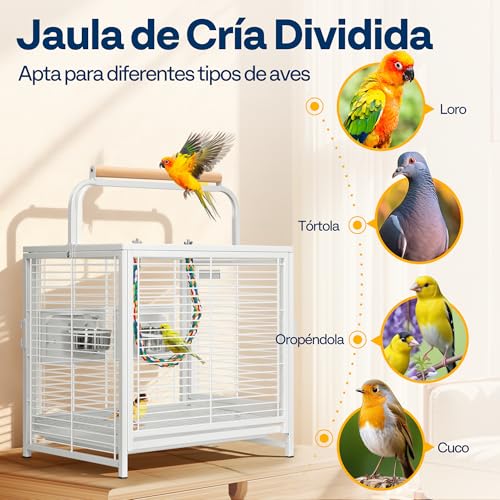 VIVOHOME 48cm Portable Wrought Iron Bird Cage with 2 Feeders, Colorful Rope Perch and Removable Tray, for Parrots, Conures, Parrots, Cockatiels, Budgies, White