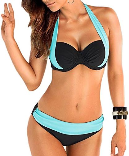NORAME Women Straps Halter Patchwork 2 Pcs Swimsuit Set Wired Padded Top+ Bottom