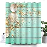 Uphome Beach Fabric Shower Curtain, Aqua Seashell and Starfish on The Coastal Cloth Shower Curtain Heavy Weighted Waterproof, Batower Curtain Heavy Weighted Waterproof, Bathroom Sea Decorations, 72x72
