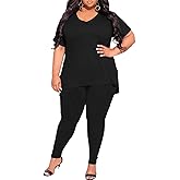 TOPSRANI Womens Plus Size 2 Piece Outfits Sweatsuits Casual Tracksuit V Neck Short Sleeve Solid Loungewear Pants Sets