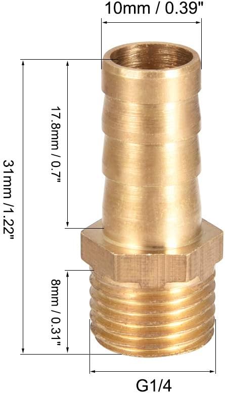 sourcing map Brass Hose Barb Fitting,Connector,10mm Barb x G1/4 Male Pipe Adapter,5Pcs, Gold, 10mm x G1/4 - Image 3