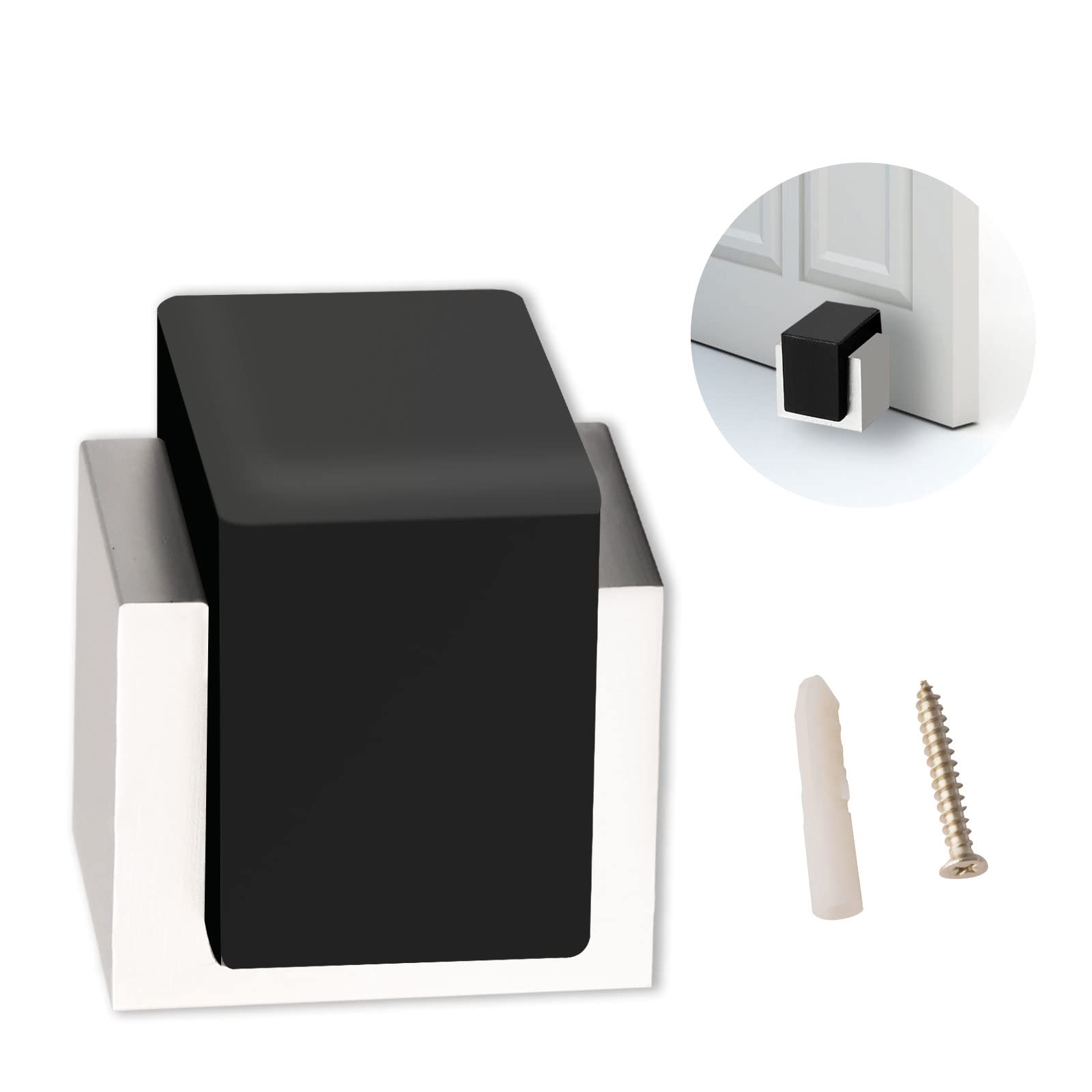 Door Stops, Black Rubber Door Stoppers for Floor Modern Chrome Door Stop Wall Mounted Decorative Small Metal Doorstop Floor Door Stopper Wall Protector with Sound Dampening Bumper