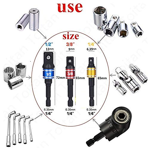 3Pcs 1/4 3/8 1/2" Universal Socket Adapter Se,105 Degree Right Angle Screwdriver set Drill Hex Bit Socket Adapter,Right Angle Drill+Impact Grade Driver Sockets Adapter Extension Set Drill Bit