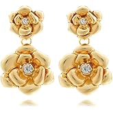 Unique Bohemian Large Matte Double Flower Dangle Drop Earrings Glod Pearl Flower Stud Earrings For Women
