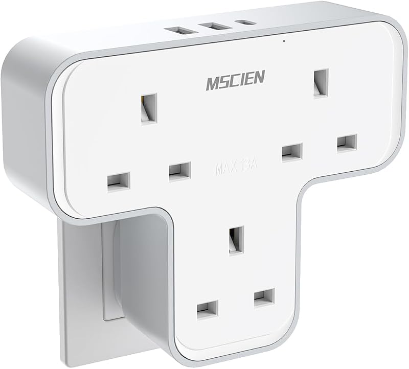 Mscien 6 in 1 Plug Extension Socket with 3 USB Ports UK 13A Power Adapter
