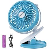 SkyGenius Battery Operated Clip on Mini Desk Fan Rechargeable 2600mAh Battery or USB powered, Blue