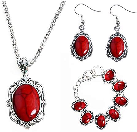 Tibetan Style Turqoise Choker Collar Necklace Earrings Bracelet Set (Black/Green/Red)