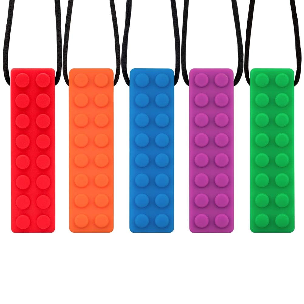 Novelfun Sensory Chew Necklace, 5 Pack Silicone Chew Pendant Training and Development Fidget Toy Chewing Necklace for Teething Babies, Autism ADHD SPD, Oral Motor, Anxiety, Autistic Children