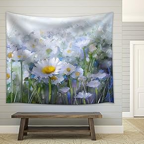 Oil Painting White Daisy Flowers in The Meadows - Fabric Wall Tapestry Home Decor - 51x60 inches