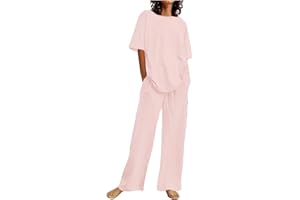 Cotton Linen Two Piece Sets for Women Short Sleeve Crewneck Tops with Drawstring Pants Matching Sets Summer Beach Outfits