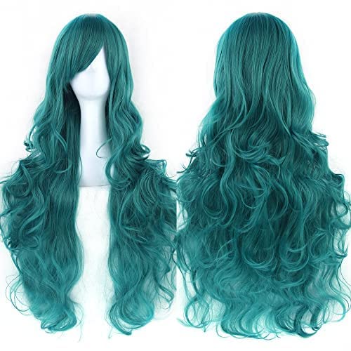 IMISSU 80cm Long Curly Natural Hair Cosplay Wig with Bangs Colorful Halloween Costume Party Wigs for Women (Green)