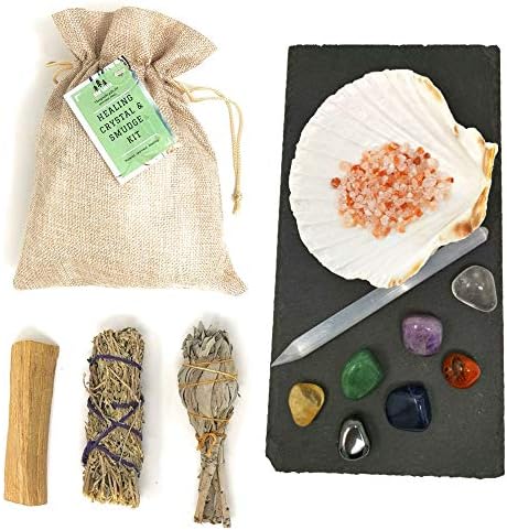 Raw Earth Healing Smudge and Chakra Crystal Gift Set – Beautiful Kit with Sage, Palo Santo, Scallop Shell, Chakra Stones, Incense, Himalayan Pink Salt and Crystals