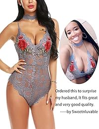 ADOME - Body de encaje bordado para mujer, babydoll de diseño de una pieza con gargantilla