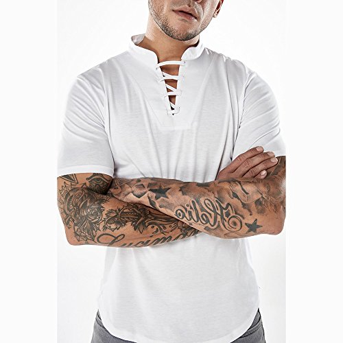 Respctful ♫♫ Men's White Shirt 100% Cotton Casual Hippie Shirt V-Neck Drawstring Short Sleeve Beach Yoga Top - Thumbnail 2
