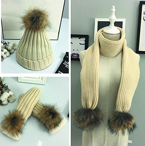 3-in-1, set of scarf, hat and gloves, for women and girls, split cable stitch knitted, with faux fur bobble