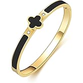 KYJAC 18k Gold Plated Stainless Steel Four Leaf Clover Bracelet for Women - Non-Tarnish, Precision Polished Chunky Oval Bangle in Black, White, Pink, Red Clover Bangle
