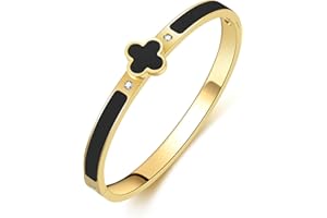 KYJAC 18k Gold Plated Stainless Steel Four Leaf Clover Bracelet for Women - Non-Tarnish, Precision Polished Chunky Oval Bangle in Black, White, Pink, Red Clover Bangle
