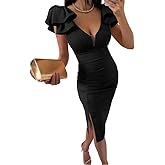 CHICME Women's Sexy V Neck Sleeveless Bowknot Decor Bodycon Midi Dress Side Slit Ruched Cocktail Wedding Guest Dress