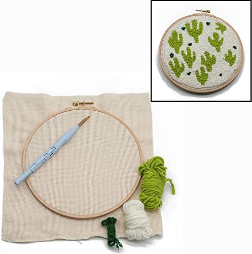 Yushen Pattern Punch Needle Kit with Embroidery Pen Colorful Yarn and 6'' Wooden Hoop (Cactus)