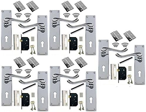 5 sets of Victorian Scroll Polished Chrome Door Handle Lock Pack +2 Lever Lock + Hinges (KA) (5)