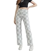 WDIRARA Girl's Checkered High Waisted Denim Pants Straight Leg Jeans