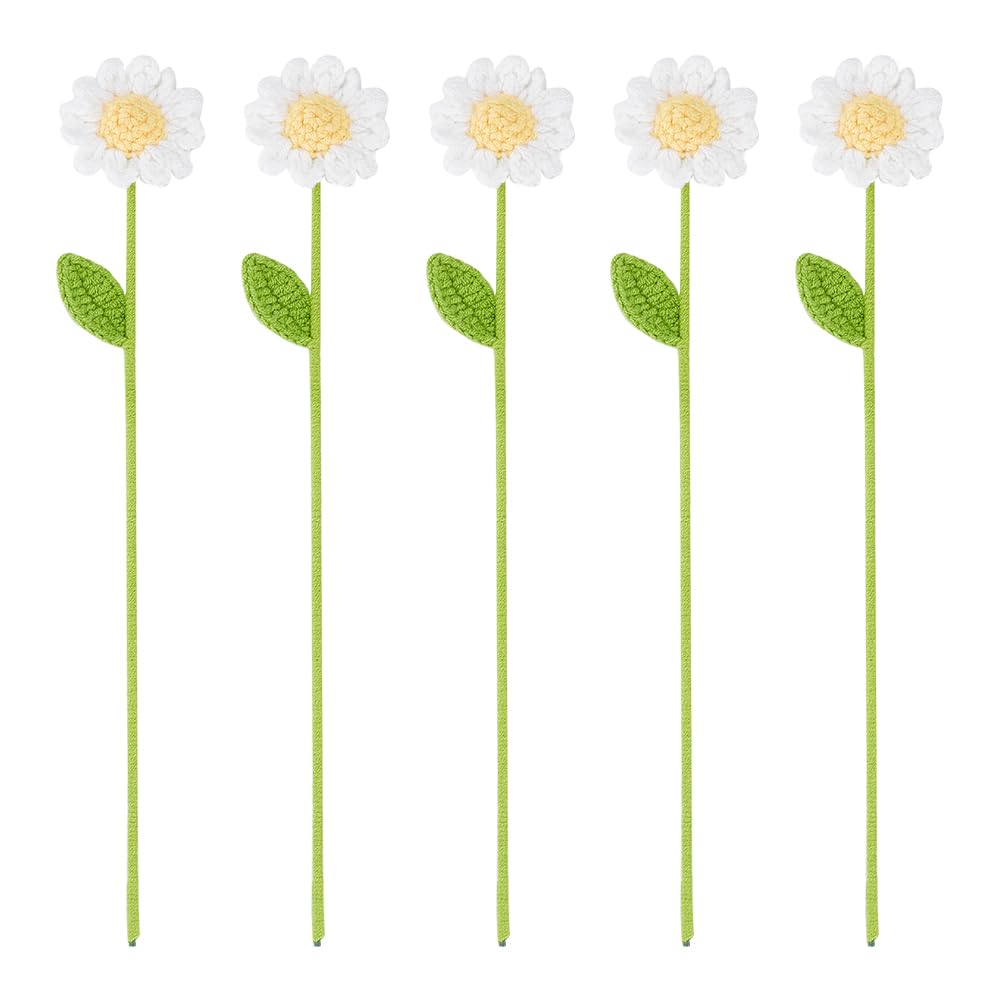 FINGERINSPIRE 5pcs Handmade Crochet Daisy Flower Ornaments 31.5cm Knitted Bouquet - Wool Yarn Chamomile Gifts for Home Decorations