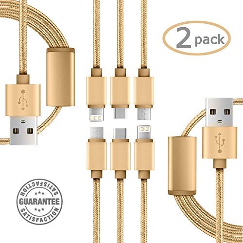 USB 3 in 1 Cable (2 Pack) - Long 3.3 Feet Nylon Braided Durable Quick Charge &amp; Data Connection Lightning MFI Certified Micro Type C Every4Less iPhone 7 Plus (Gold + Gold)