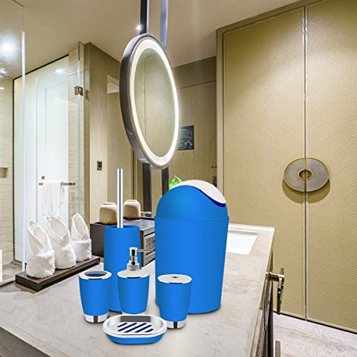 TEKITSFUN 6 Piece Plastic Bathroom Accessory Set, Luxury Bath Accessory Gift, Soap Dispenser, Lotion Dispenser, Soap Bar Holder, Tooth Brush Holder, Trash Can, Toilet Brush Set, Rinse Cup-Blue - Thumbnail 6
